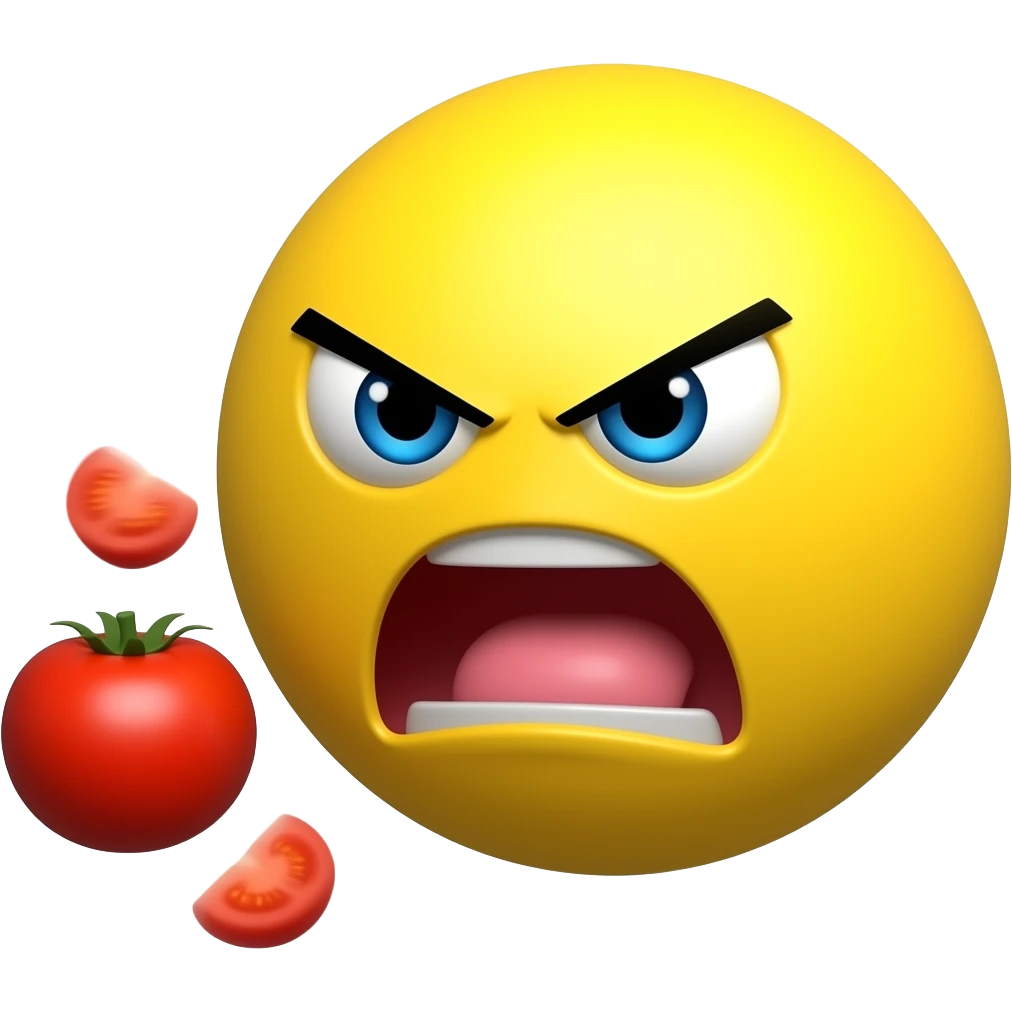 Angry yellow smiley throwing tomatoes at you like they're booing you emoji