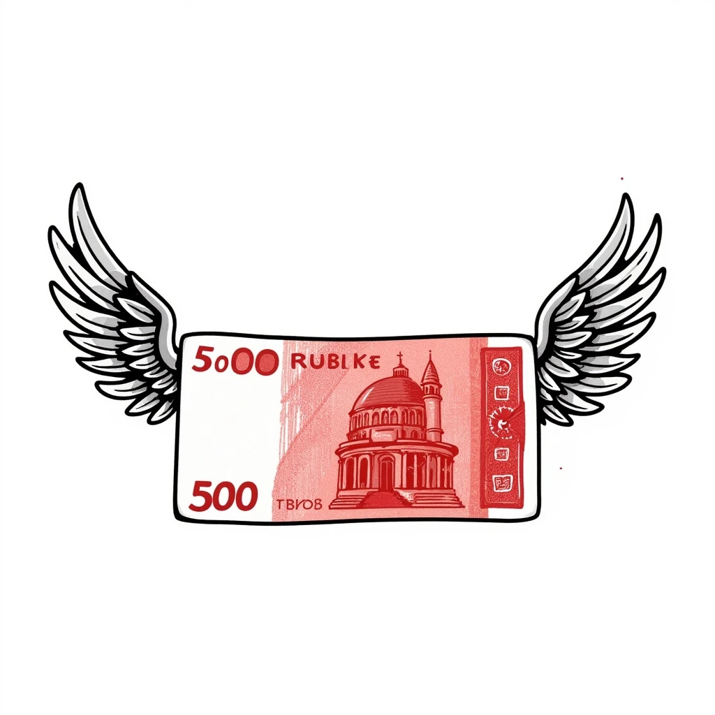A 5000 ruble banknote with red color and wings emoji