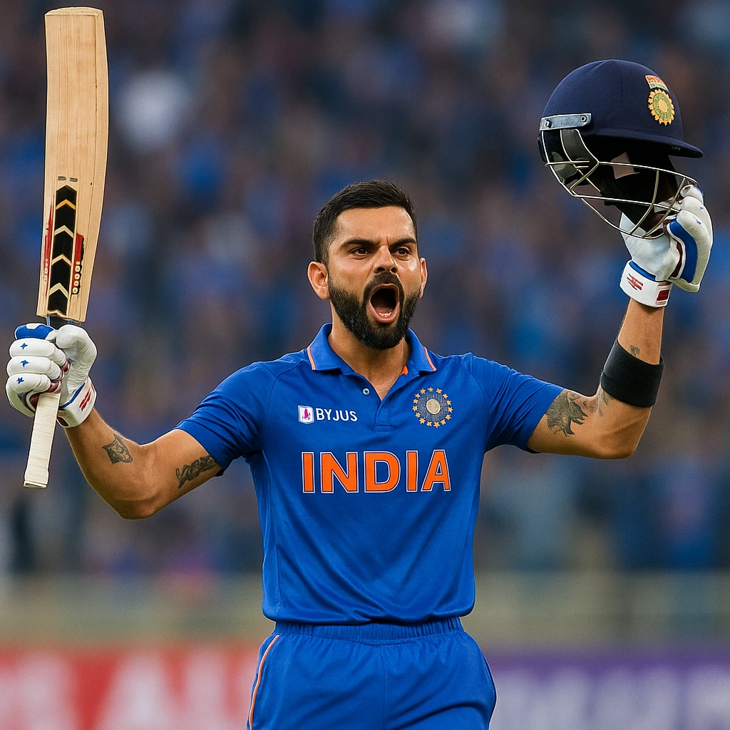 Virat Kohli, famous cricketer, celebrating a century, blue Indian team jersey, short hair, trimmed beard, passionate expression emoji