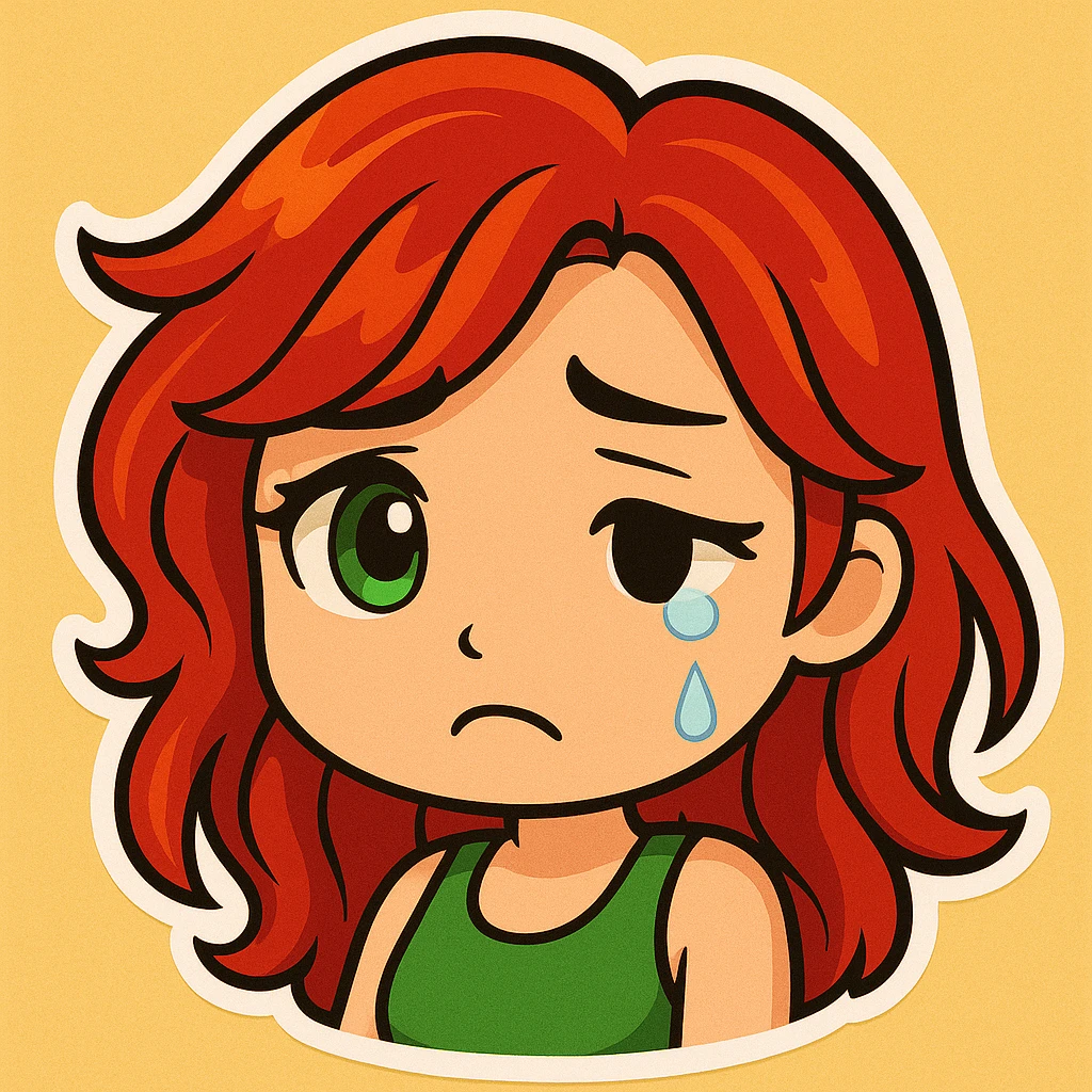 Edit the girl's face to have a sad, teary-eyed expression, keeping the original cartoon style and quality consistent with chibi stickers style. emoji