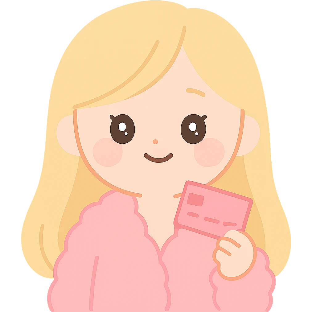blonde girl with long hair, pink fur jacket, holding a pink credit card, cute and playful emoji