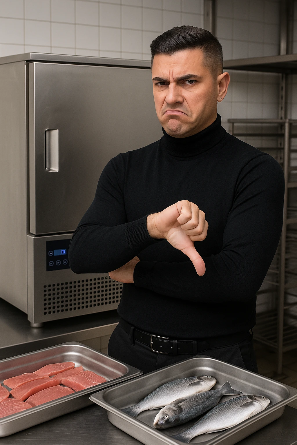 a man stands in front of a commercial fish blast freezer (abbattitore), arms crossed and a displeased, skeptical expression on his face. He shakes his head or gives a thumbs down, clearly rejecting the use of the freezer. The background shows a professional kitchen or fish processing area, with trays of fish ready for freezing. in italiano emoji