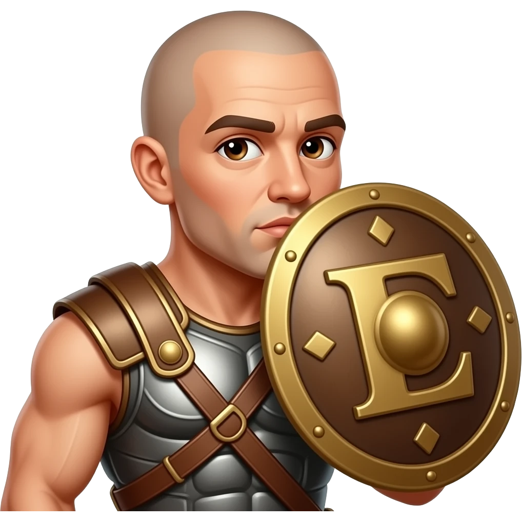 Muscular Roman soldier bald with brown eyes the Letter E on the shield kissing emoji