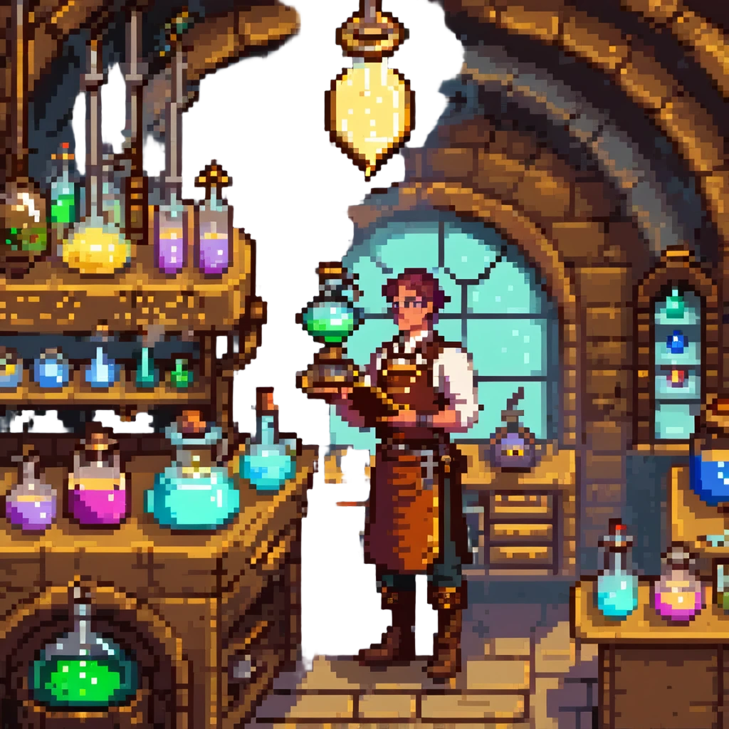 A mystical baker surrounded by bubbling glass flasks, enchanted ingredients, and a brass-trimmed oven. The workspace feels like a magical lab with parchment scrolls, glowing powders, and steampunk-style machinery. UI elements resemble aged parchment, crystal knobs, and smoky overlays. emoji