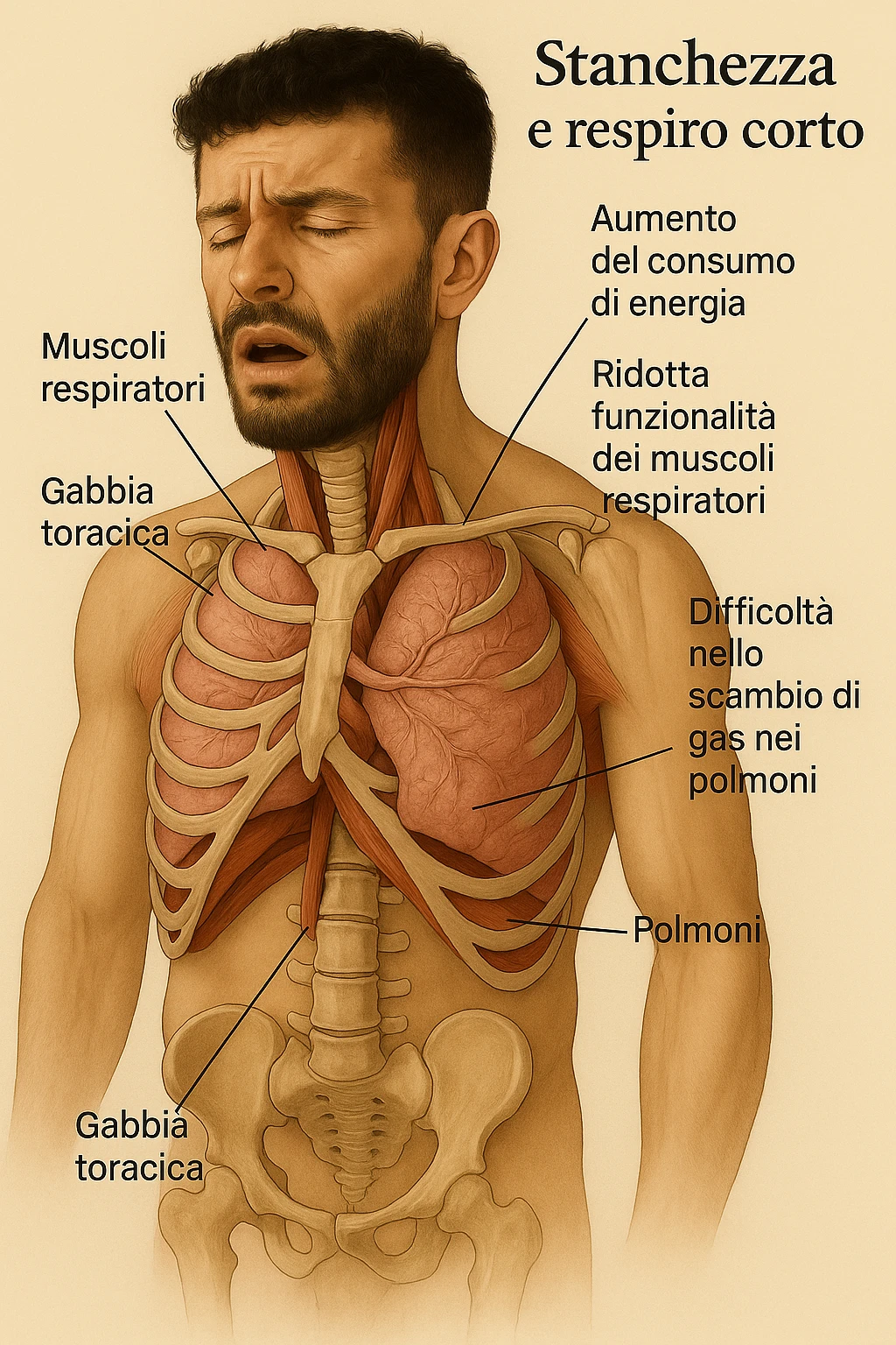 Uomo con stanchezza e respiro corto vista anatomica immagine realistica in 3D in italiano emoji