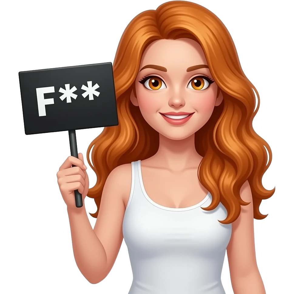sexy girl with long wavy ginger hair and ginger eyes wearing a white tanktop is holding a black colored sign with HOT as F*** written on it emoji