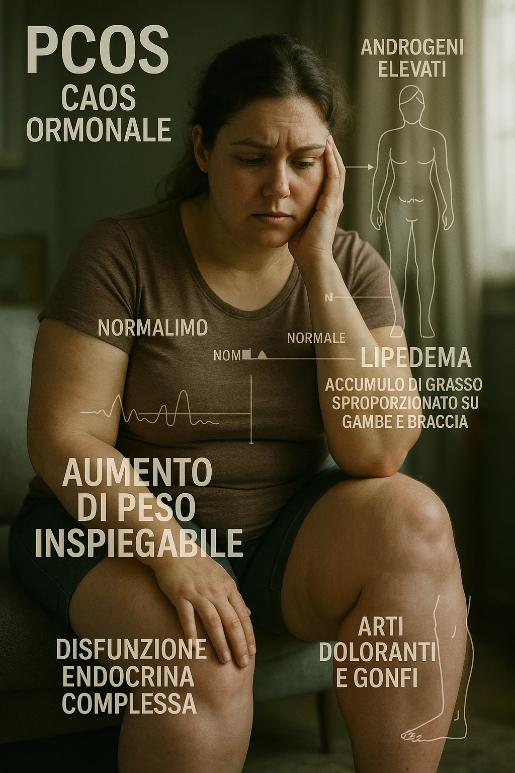 cinematic realistic Woman with PCOS struggling with hormonal chaos, transparent overlay showing elevated androgens and insulin resistance affecting her body, lipedema causing disproportionate fat accumulation in legs and arms despite normal torso, expression of frustration with unexplained weight gain, medical charts showing complex endocrine dysfunction, painful swollen limbs contrasting with metabolic confusion scrivi i testi in italiano emoji