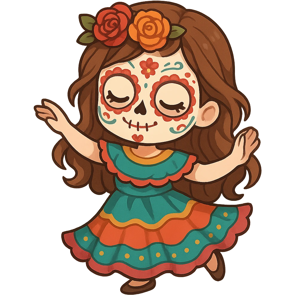 一个身穿彩裙的女孩，脸上画着万灵节的妆容，跳舞 emoji