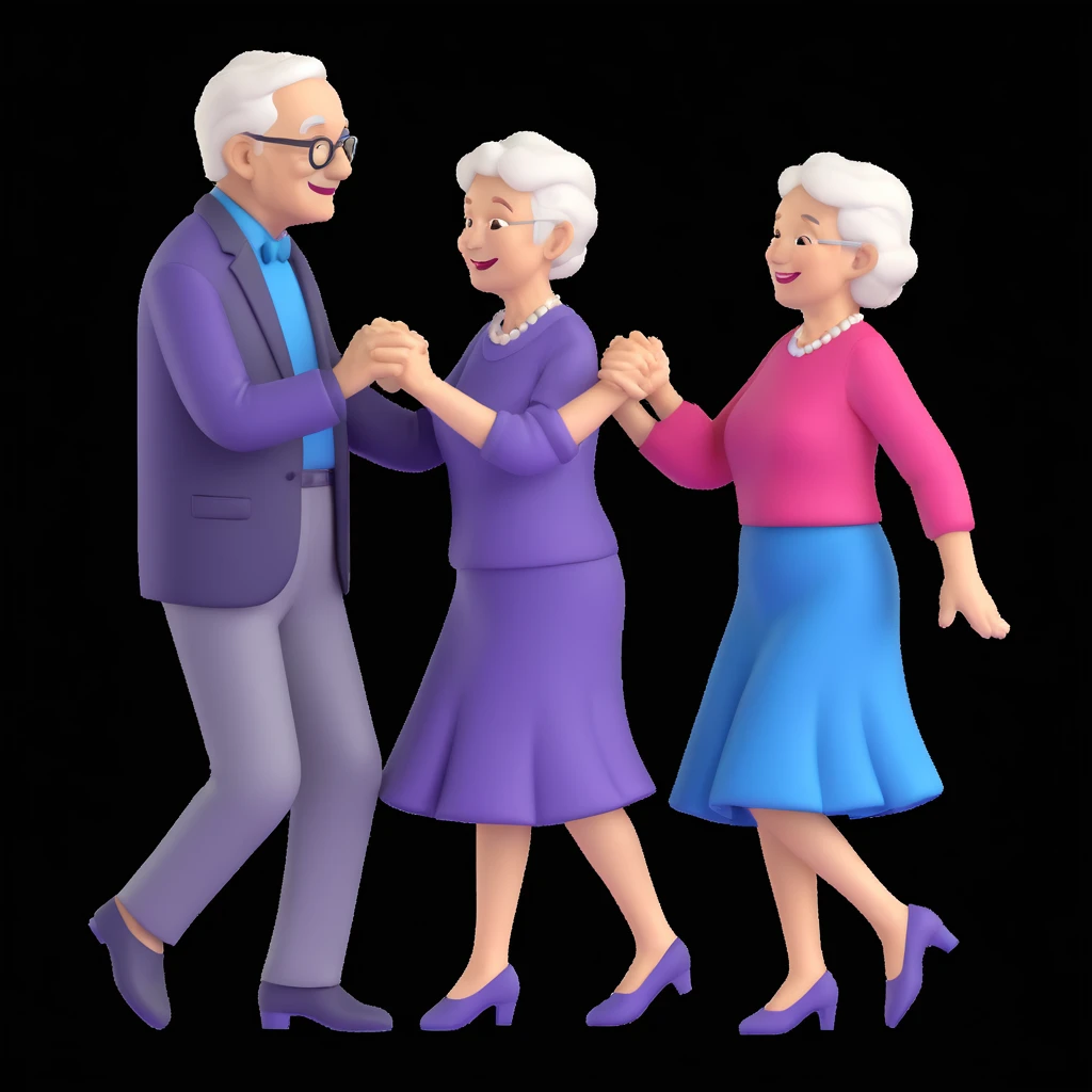 elderly couple dancing closely, smiling at each other, realistic 3D style, romantic mood emoji