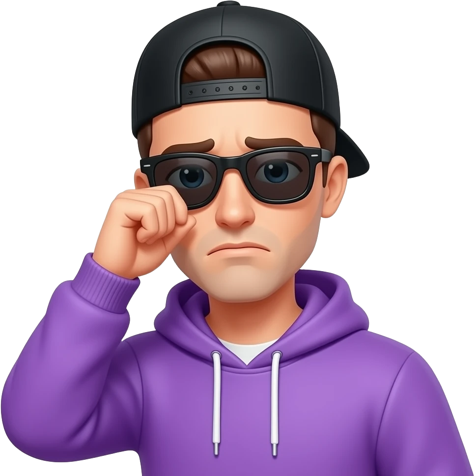 tall skinny guy with black basecap, purple hoodie, sunglasses facepalm emoji