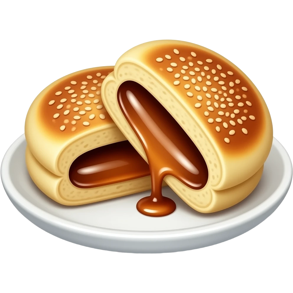 Korean hotteok, two pancakes, cut open, visible syrup filling, glossy brown syrup, crispy golden surface, sesame seeds, white plate, clean background, studio lighting emoji
