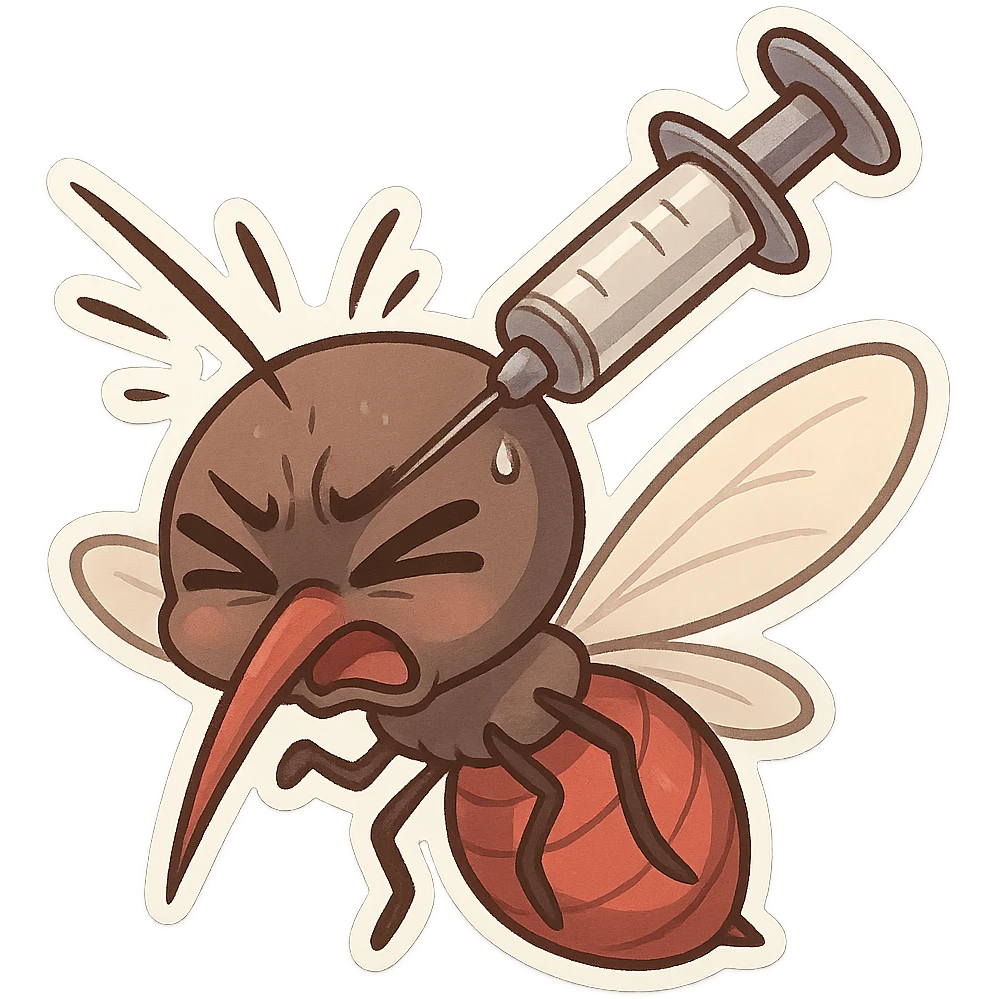 cartoon mosquito with a large needle piercing its head, dramatic expression, no background emoji
