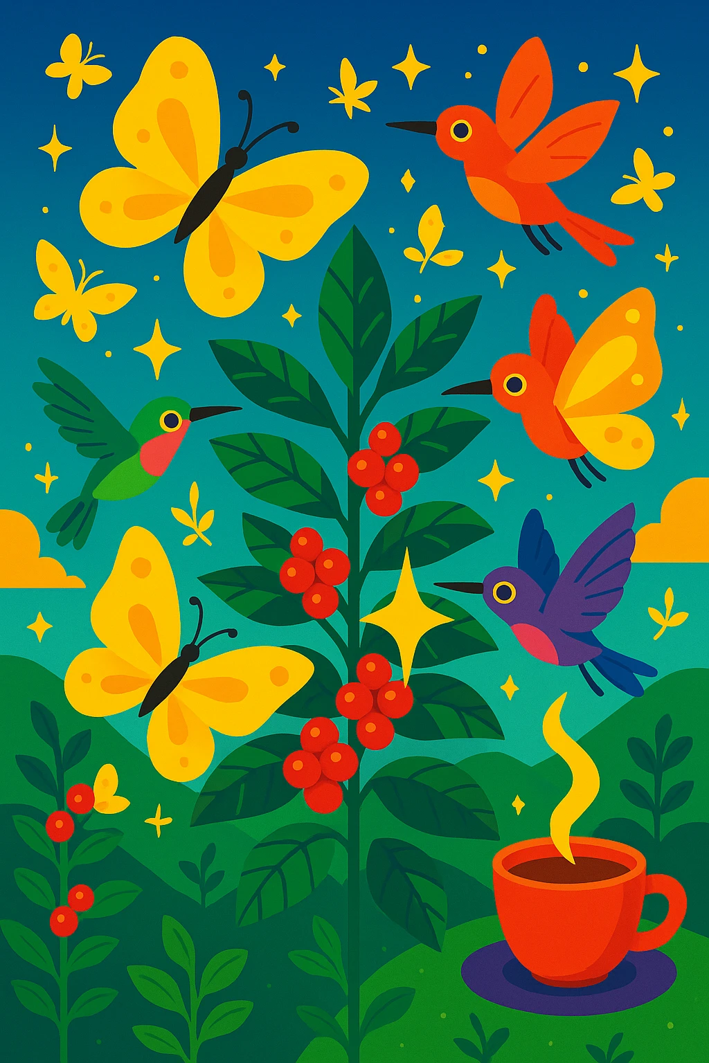 Add sparkling yellow butterflies hovering over the enchanted coffee farm, interacting with the plants and hummingbirds in a vibrant toon style. emoji