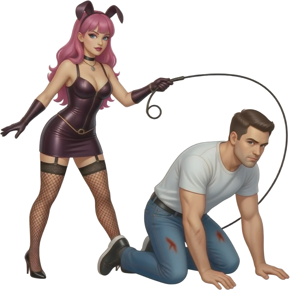 Una dominatrice con i capelli rosa con la frusta, un dominatore che frusta un uomo inginocchiato con ferite emoji