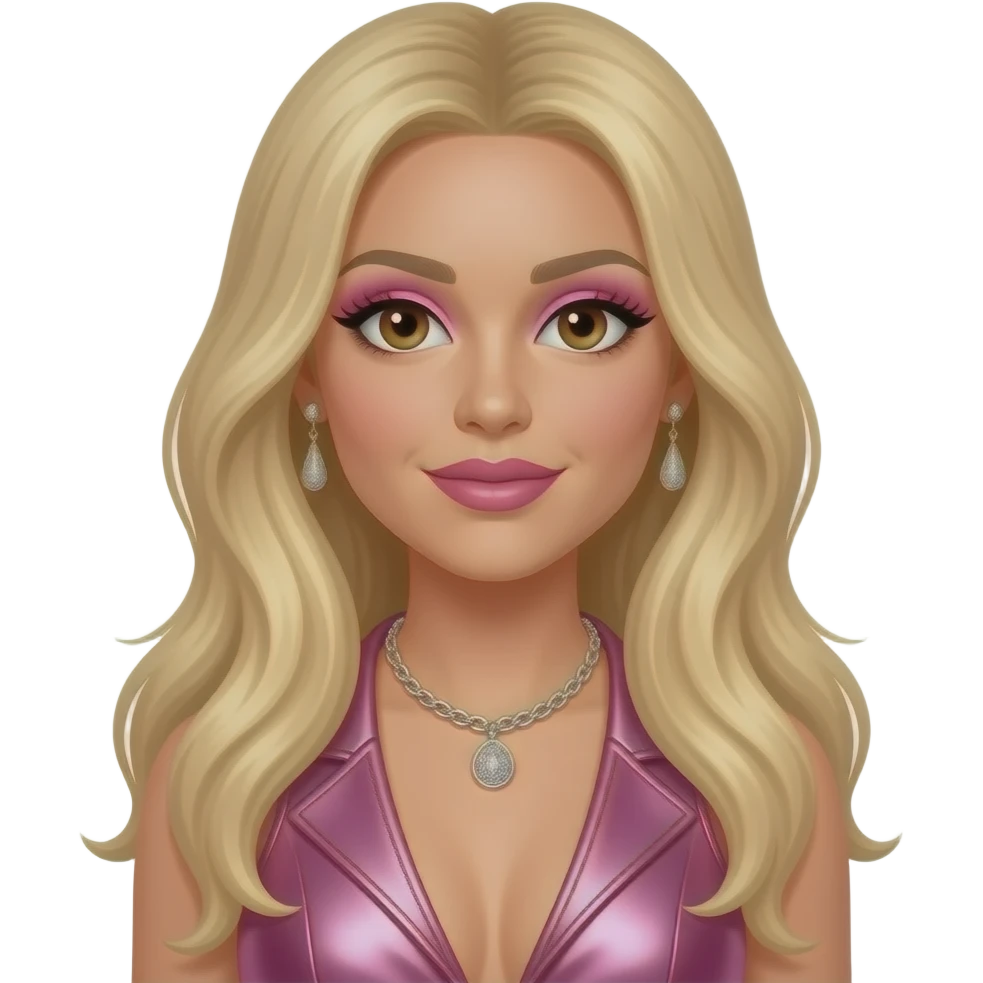 Britney Spears with brown eyes, long blonde hair, pink eyeshadow and lipstick, pink metallic pop outfit, necklace and earrings emoji