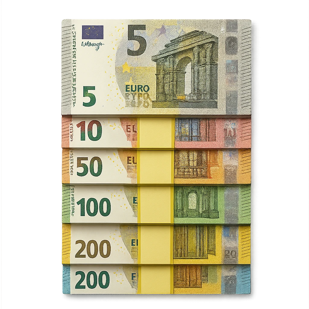 a stack of Euro banknotes viewed from the top, showing the bills' details and colors emoji