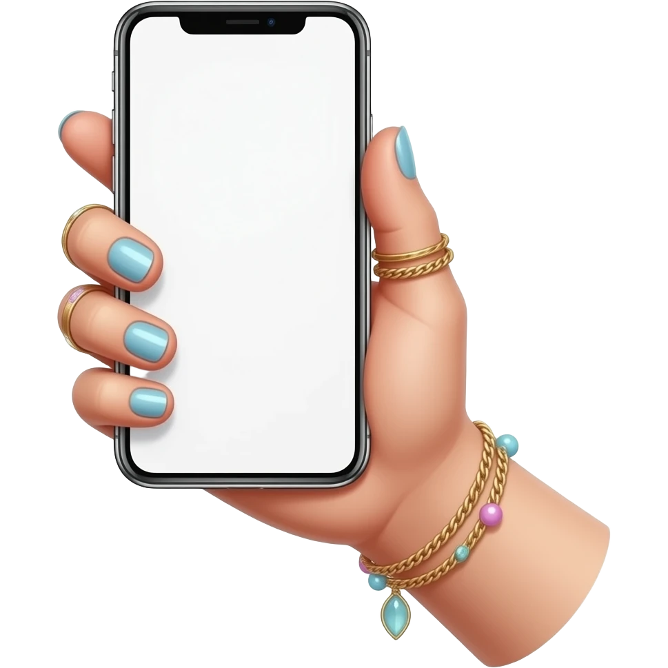 cute girls hand with pastel nails, rings, and accessories. holding iphone with screen upwards emoji