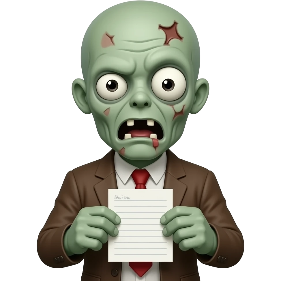 zombie in half bald hair holding Notepaper in two hands and showing emoji