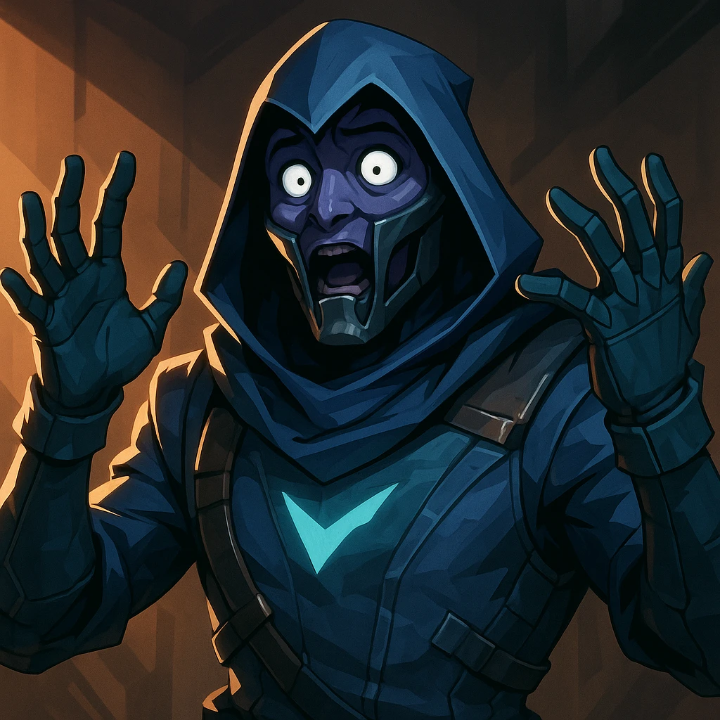 Valorant Omen character, surprised expression, wide eyes, hands raised, mask slightly open, Valorant style, detailed emoji