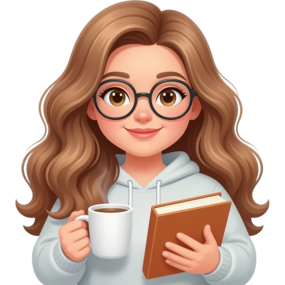 detailed emoji illustration of a curvy woman with long light brown wavy hair, light brown eyes and round glasses holding a book and a hot drink, relaxing reading break, cozy vibe, cute emoji style emoji