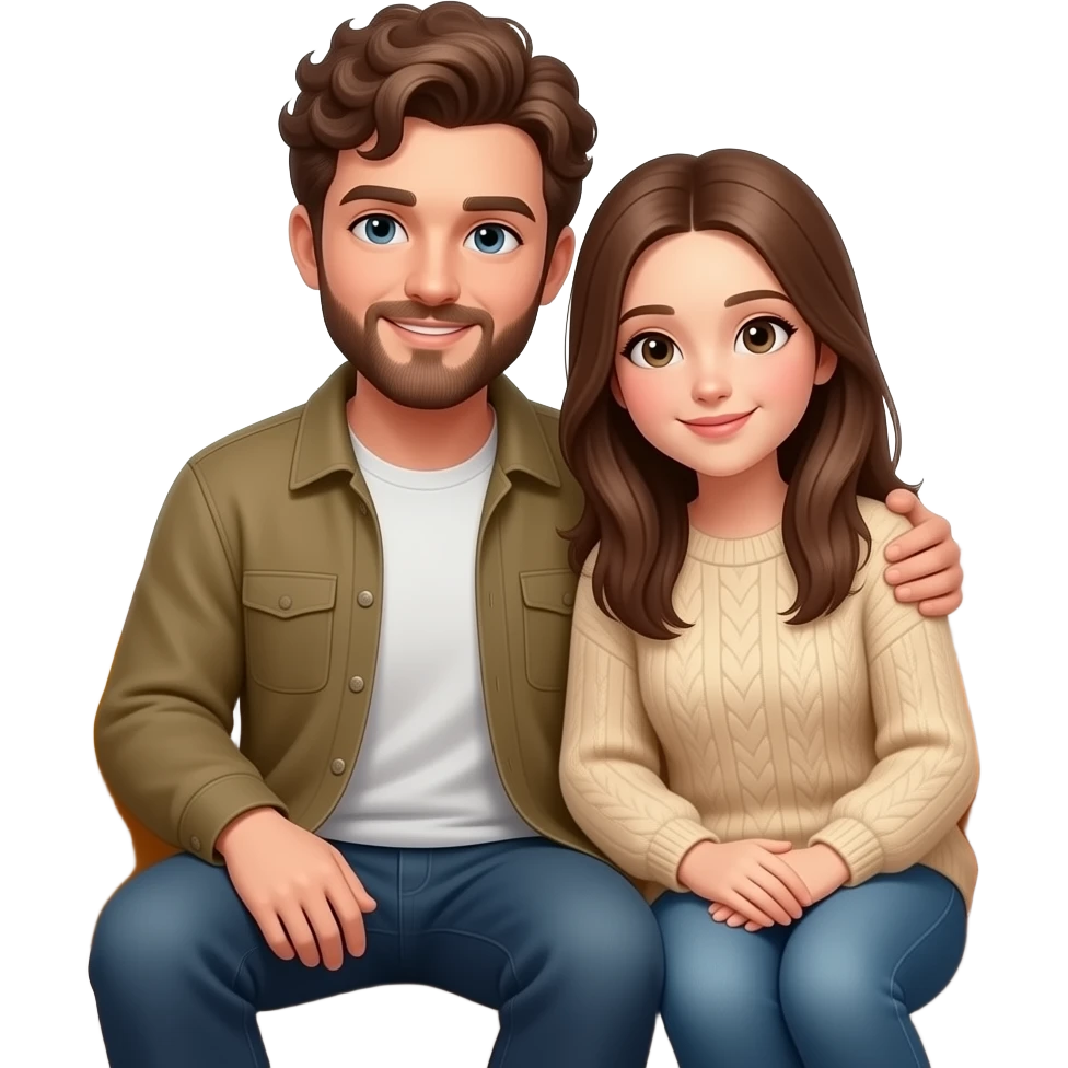 Realistic white man brown super short curly hair with beard being cozy with realistic white girl brown long straight hair on couch autumn emoji