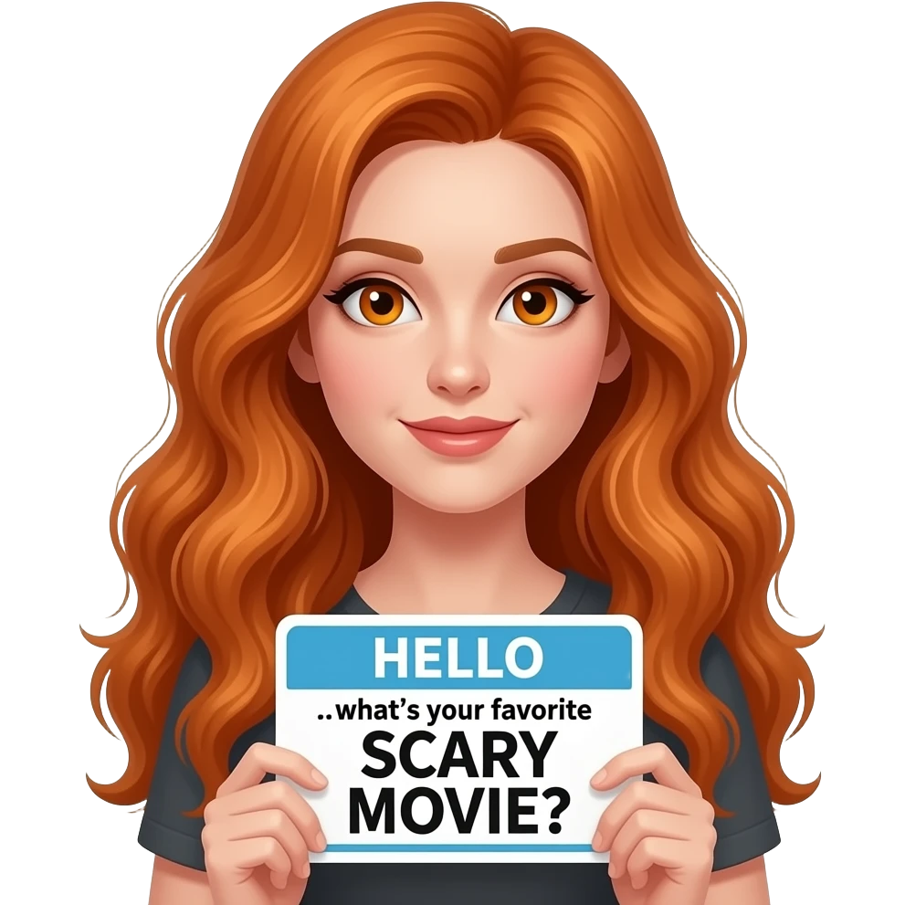 sexy girl with long wavy ginger hair and ginger eyes wearing a top is holding a HELLO... what's your favorite SCARY MOVIE? sign emoji