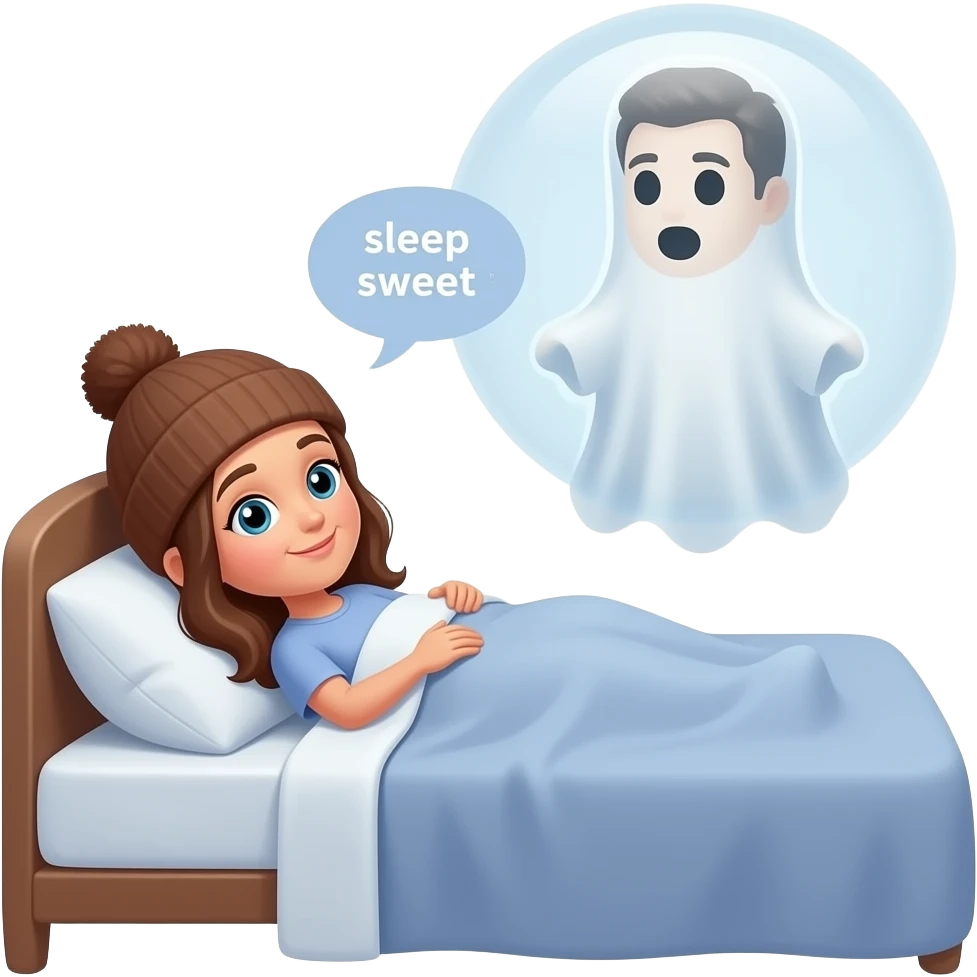 A woman with brown hair and a brown beanie is in bed while a ghostly apparition of a man with dark hair floats in the air above her in a white bubble. Chat text next to the ghostly man reads: "sleep sweet" emoji
