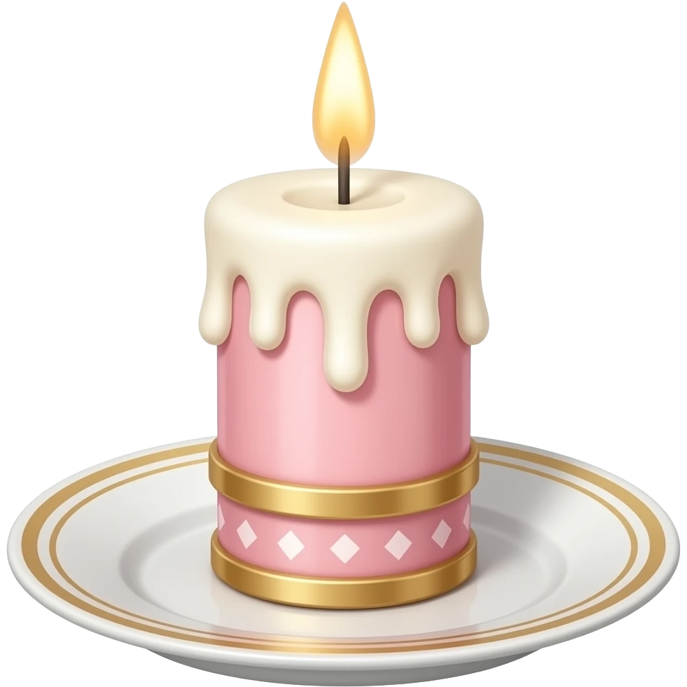 Thin tall petite cute slim dainty Pastel Reddish-pinkish and gold and white vintage candle on a plate emoji