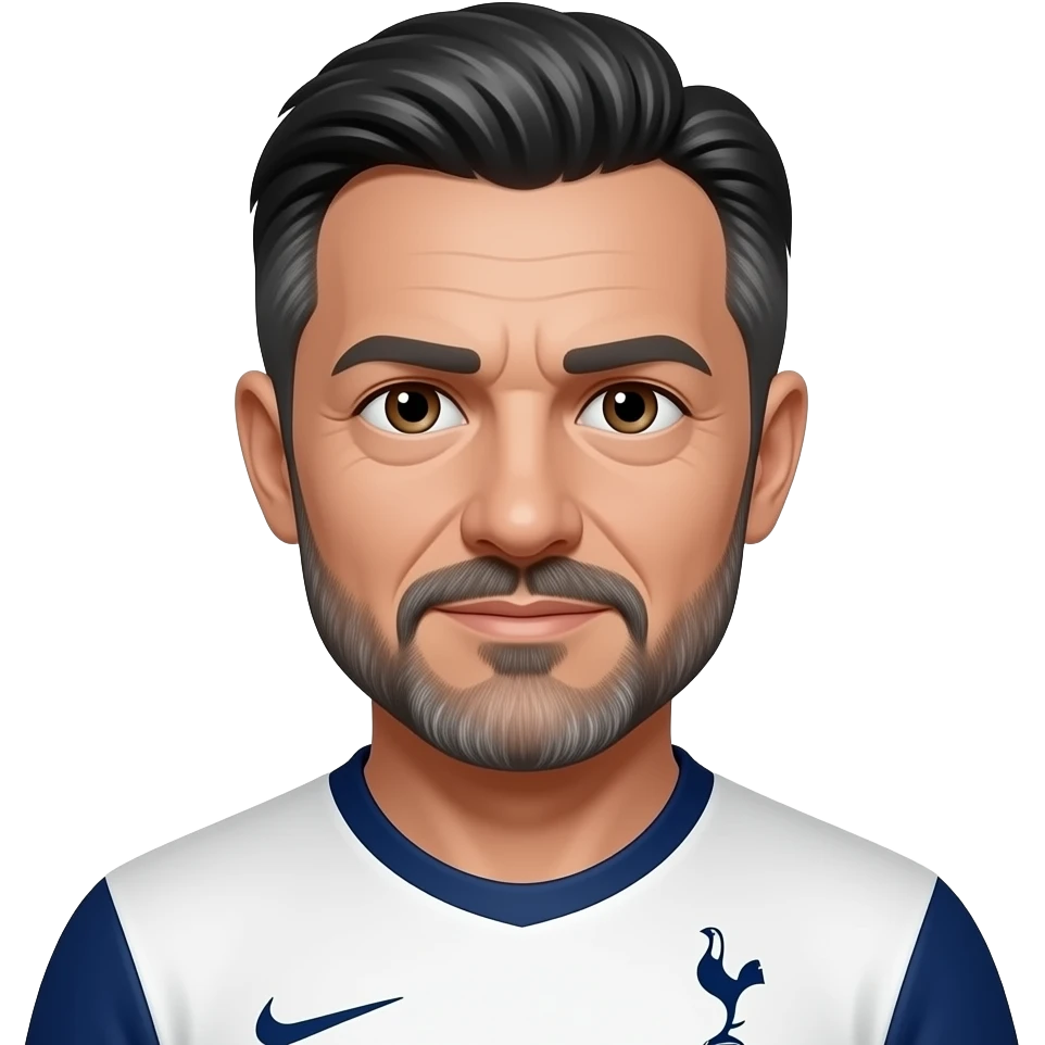 White man in his 50’s. Black and white hair parted in the middle and feathered back. Hair is relatively short. Thin black and grey mustache and beard. More grey than black. Brown eyes. Wearing a Tottenham home jersey emoji