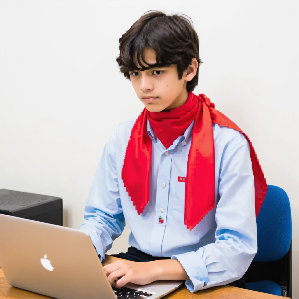 Soviet young pioneer with red neckerchief sitting at a laptop computer emoji