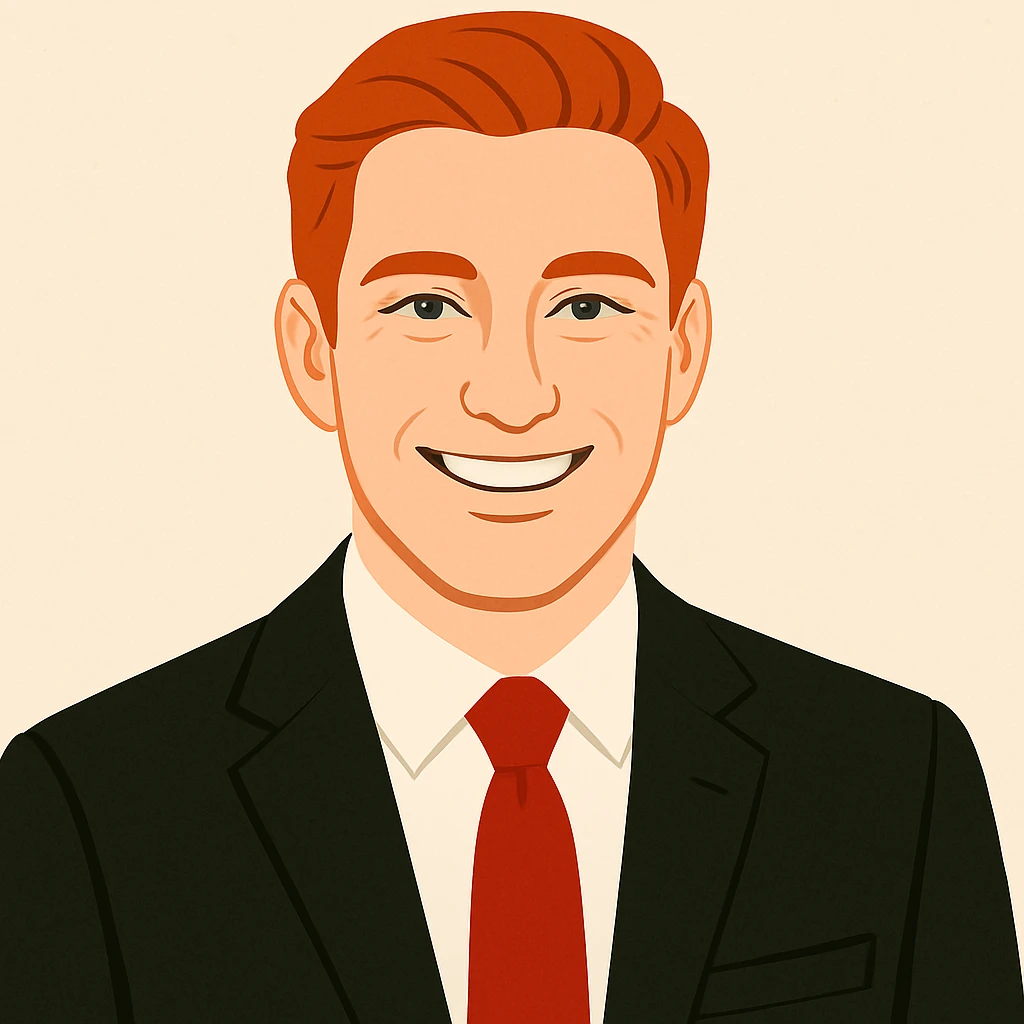Headshot of a red-haired man in a black suit with a red tie, smiling, showing only the head and a bit of the torso, no beard, clean modern illustration style. emoji