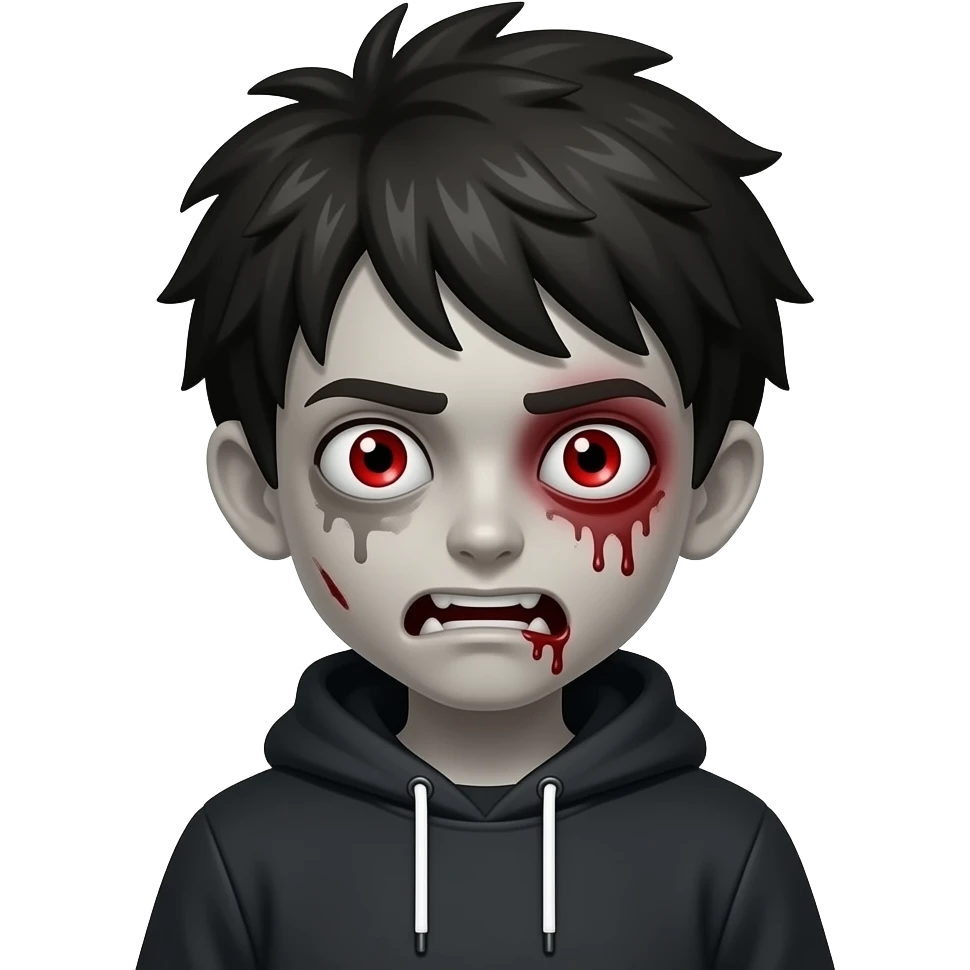 centered scary emoji zombie boy, creepy expression (not sad), glowing red eyes, blood under eyes, pale skin, messy dark hair, hoodie, black background, symmetrical face emoji