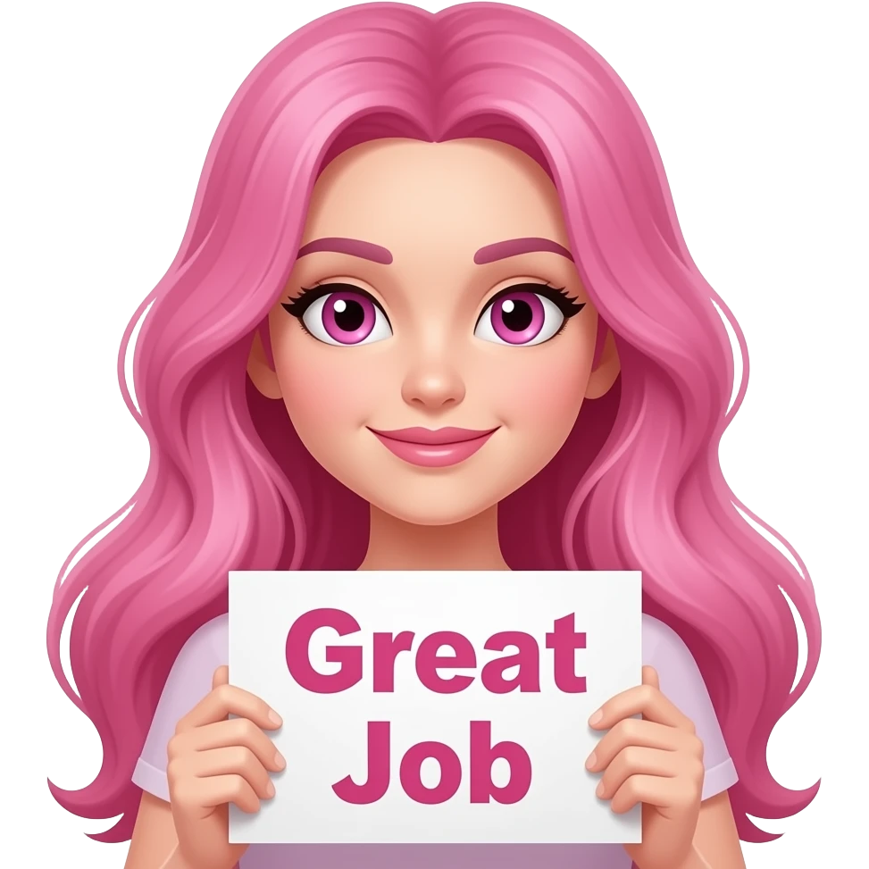 sexy girl with long pink hair and pink eyes wearing a holding a GREAT JOB sign emoji