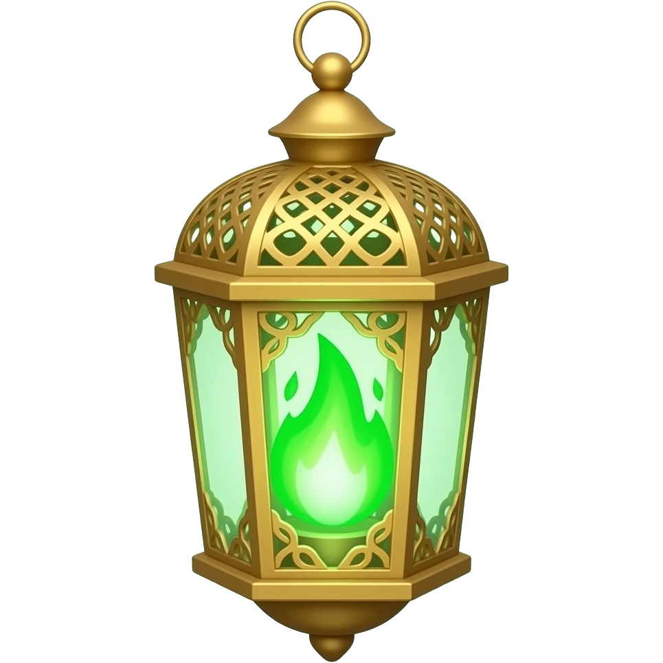 A golden hanging lantern with a bright emerald green flames, an empty loop on top, fae filigree worked into the design, but simple focus more on the green flame emoji