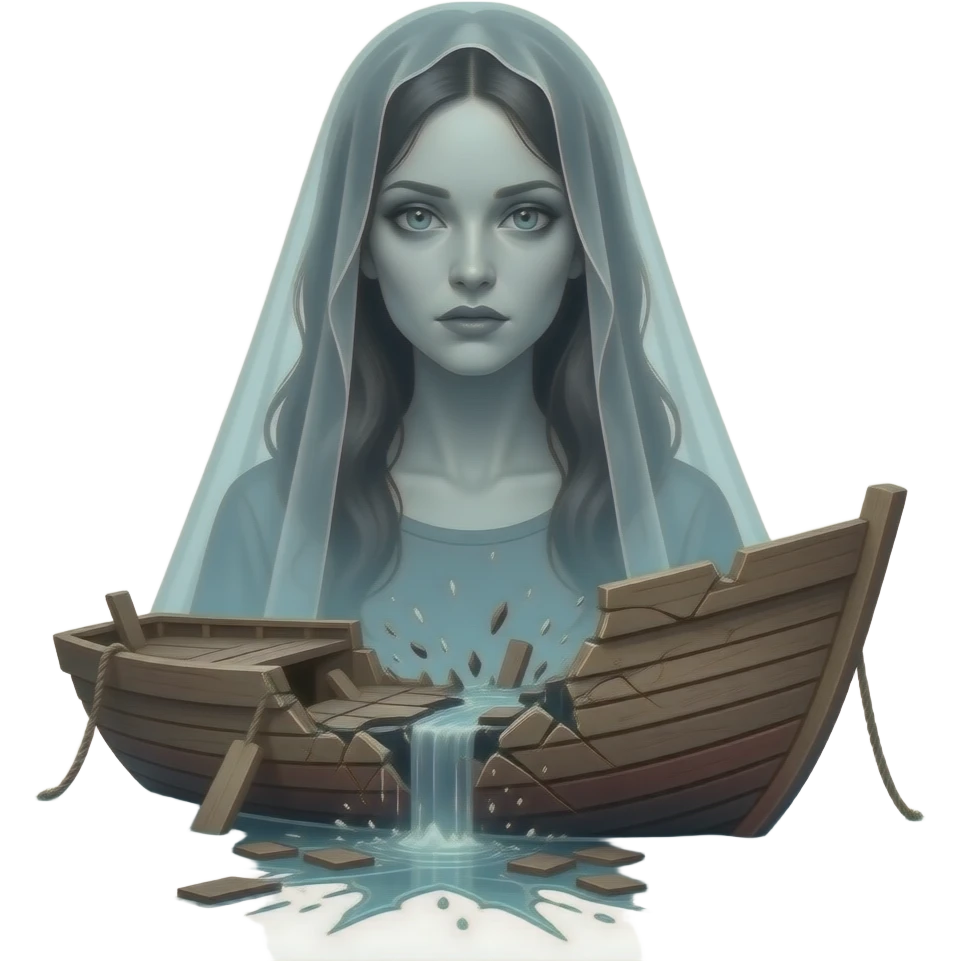 cinematic - a broken boat with a terrifying female apparition around which a transparent veil flutters emoji