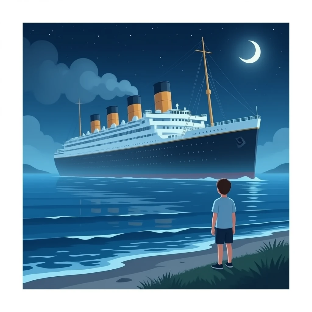 The ghostly ship The Queen Mary floats above the sea while a boy on the shore watches the scene - cut scene emoji