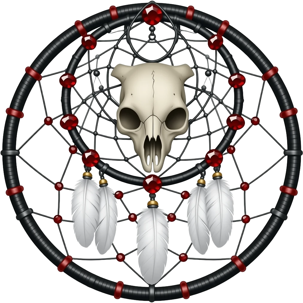 Blood-red, bloody, obsidian-black, edgy, dream catcher, red gemstones, black wire, black threads, animal skull, white feathers, badass, evil, gorgeous aesthetic, gothic decoration emoji