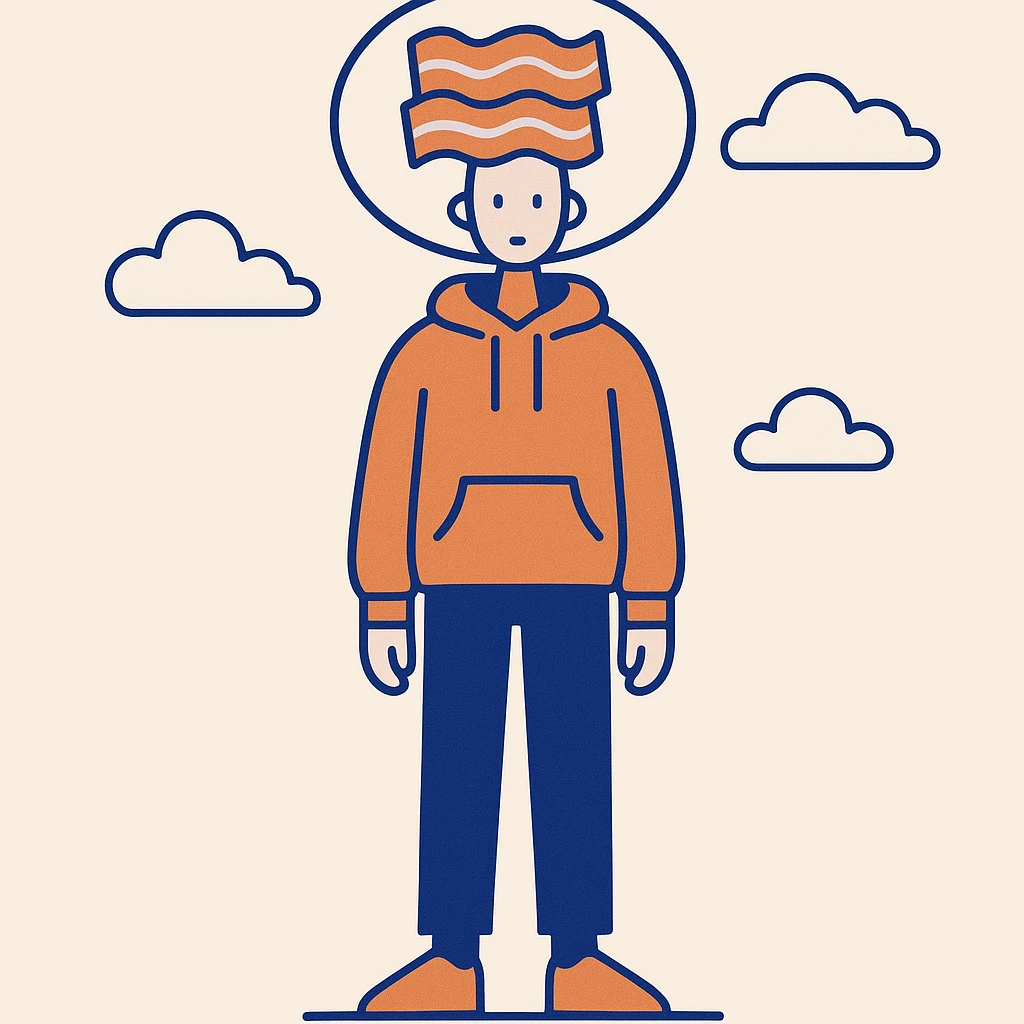 person with bacon hair, very small head, orange hoodie, black trousers, orange shoes, gamer chain around head, clean modern illustration style emoji