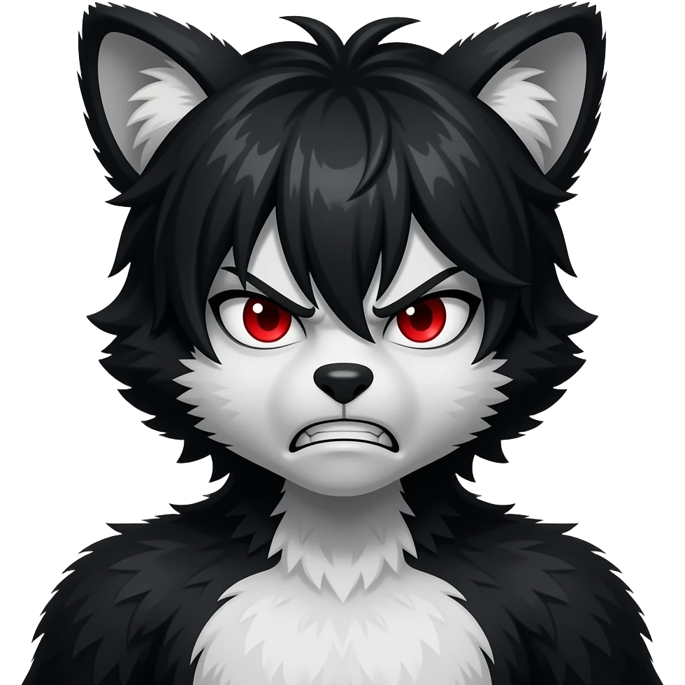 Emo boy with side black fringe with a buff black alpha furry suit on and red eyes angry emoji