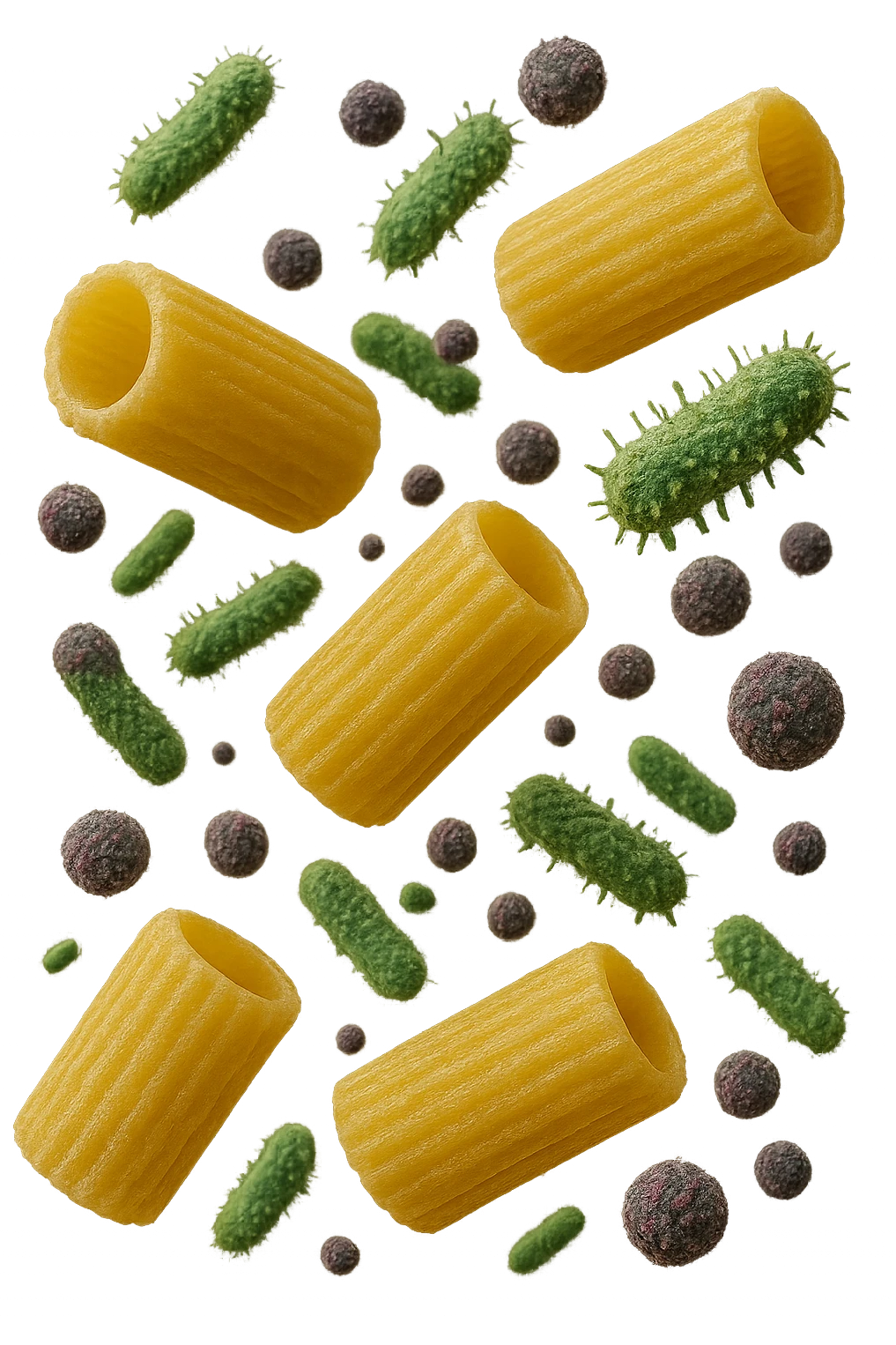 SEI BATTERI intestinALI FLUTTUANO IN ARIA CON PENNE DI PASTA RIGATE, IPERREALISTICO 4K emoji