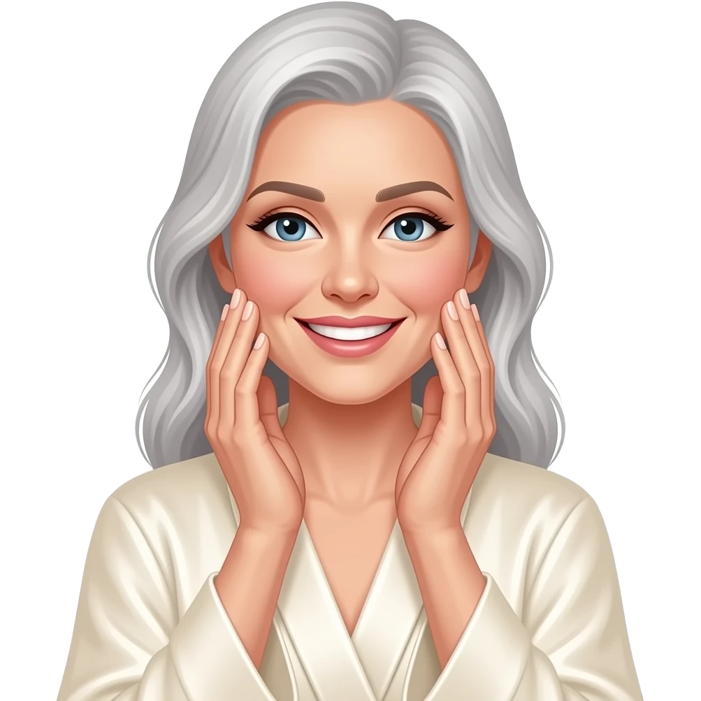 An elegant silver-haired woman, wearing a cream silk robe, smiling warmly and serenely touching her luminous cheeks with both hands, showcasing a sophisticated, deeply hydrated interior glow. Her nails are painted in a clean, nude tone. emoji