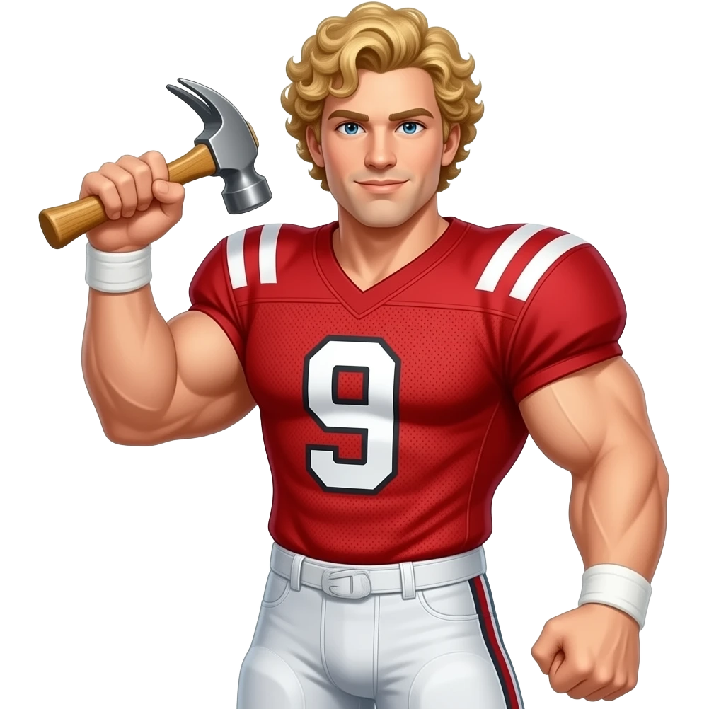 Muscle man with curly blonde hair big boobs holding hammer wearing red football jersey number 9 emoji