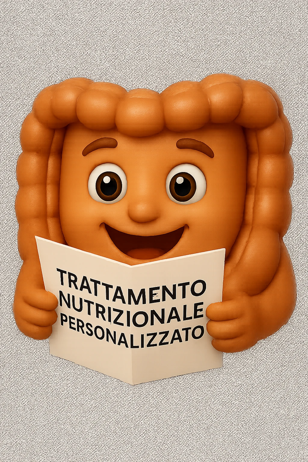 emoji stile iphone di un intestino felice che legge un foglio con la scritta "trattamento nutrizionale personalizzato", non fargli il naso, iperrealistico 4k emoji