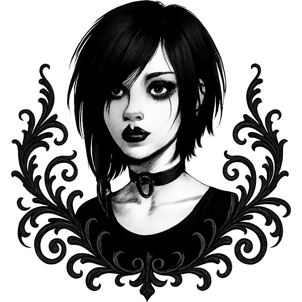 emo girl with choker necklace, dark lipstick, gothic filigree emoji