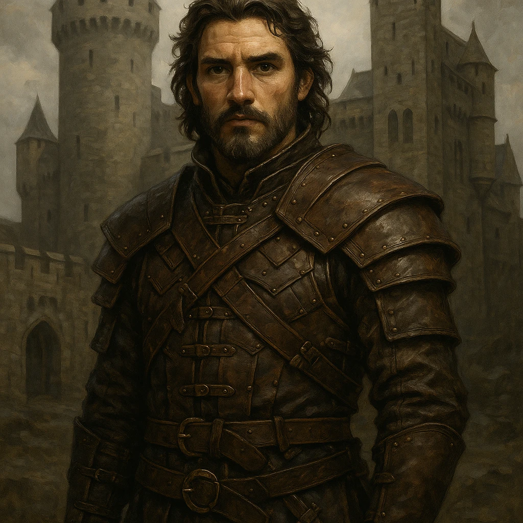 portrait of a leather-armored warrior, direct gaze, medieval castle backdrop, Game of Thrones style, DnD style, ArtStation quality, detailed illustration emoji