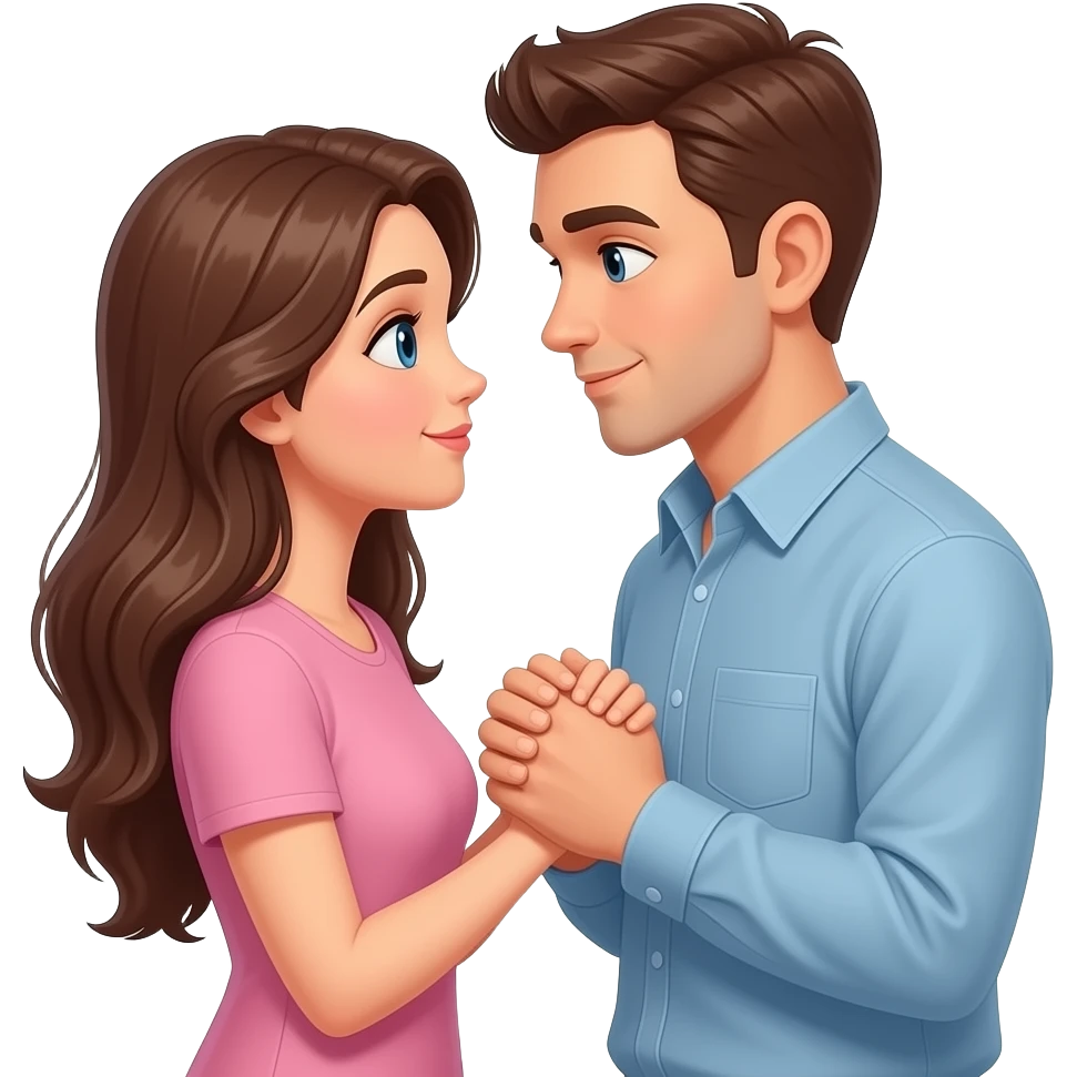 long haired lady holding boyfriends hands to her chest closely looking at each other lovingly emoji