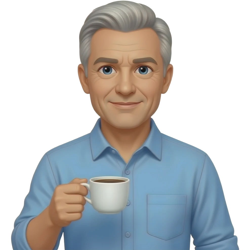 WHITE MAN IN HIS 60S with no facial hair blond salt and pepper hair -less chiseled jaw-looks like david girvin-  WEARING A BLUE BUTTON UP HOLDING A CUP OF COFFEE emoji