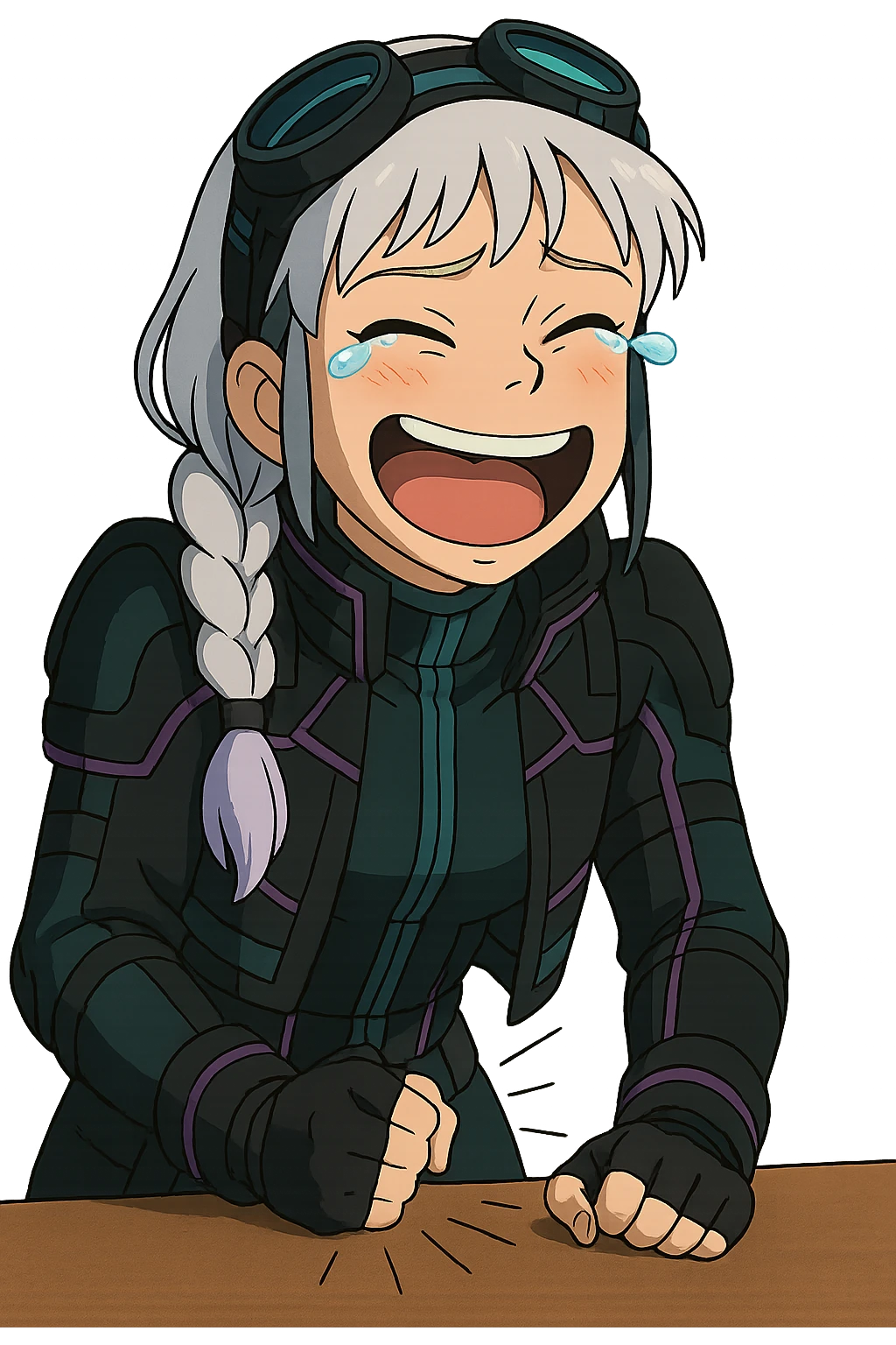 1 female, white braid with lavender tips. Cybergoth futurepunk, crying from laughter, pounding her fist on a table, “wheeze emoji” facial expression  emoji