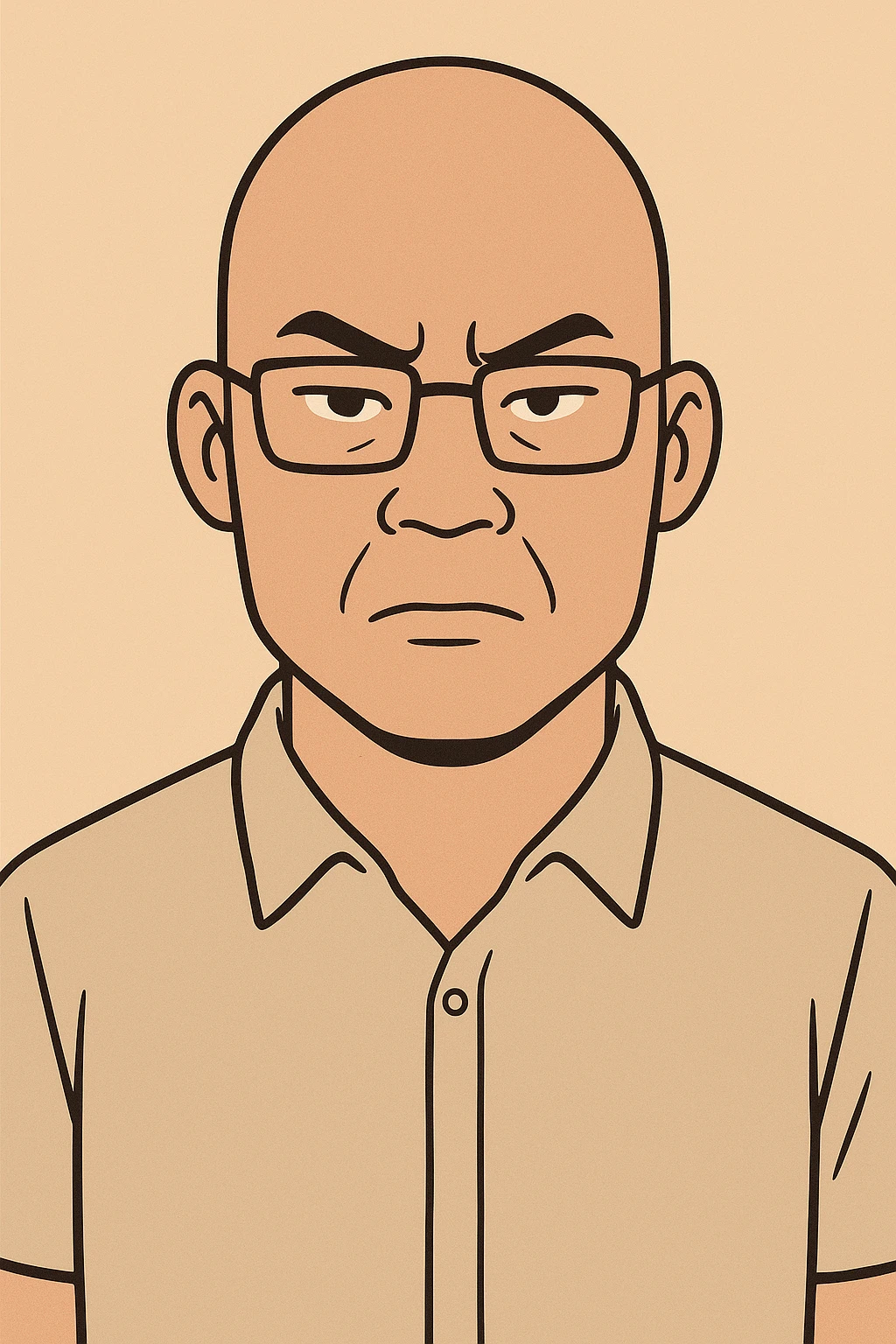 cartoon style, Asian man with shaved head and glasses, serious look, plain background emoji