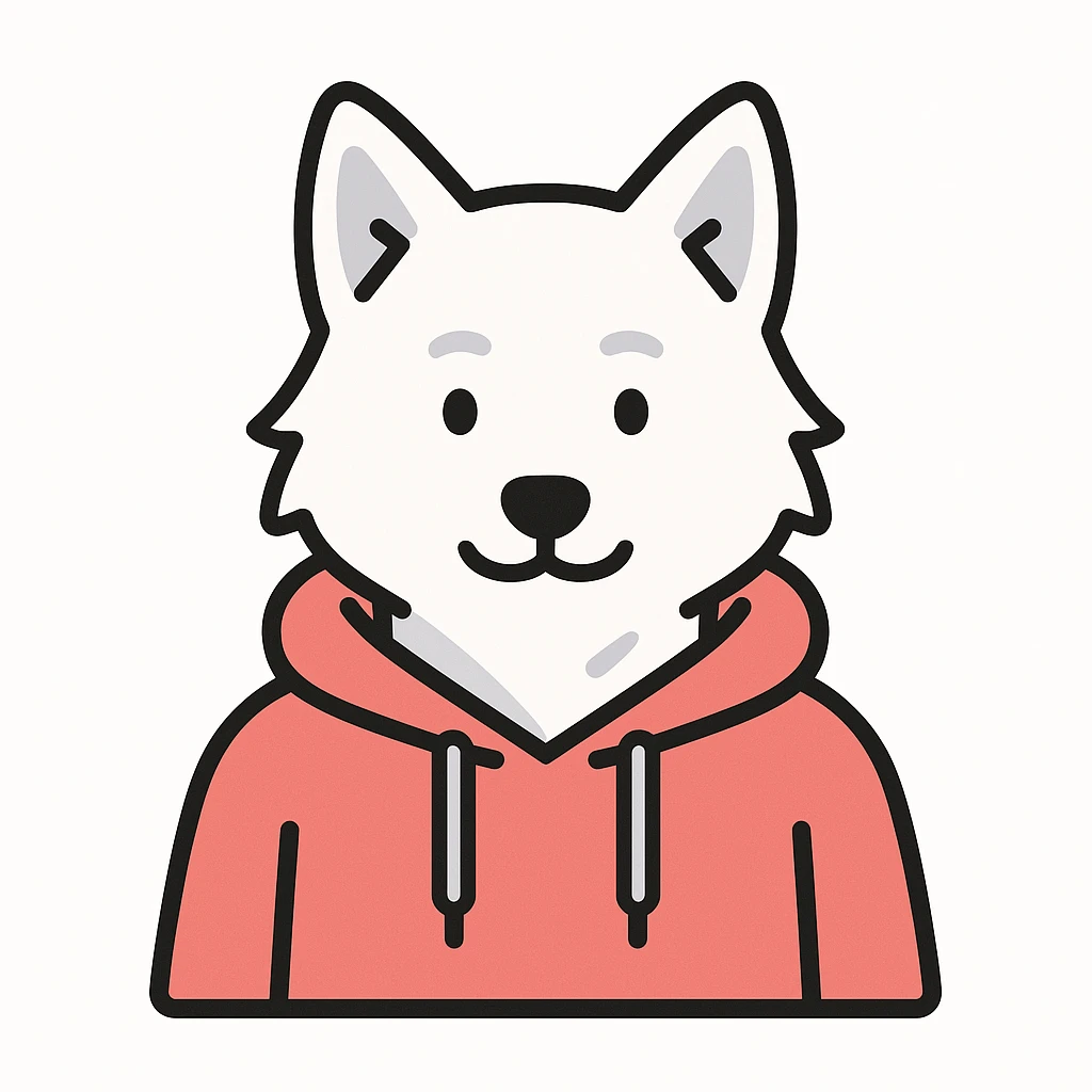 white wolf with a red hoodie, minimalistic, flat color background emoji